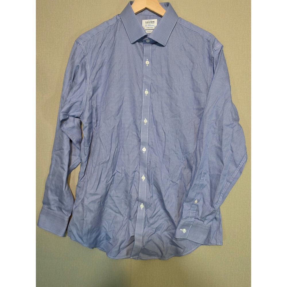 TM Lewin Mens Super Fitted Non-Iron Dress Shirt Blue Houndstooth 17 34.5 43cm